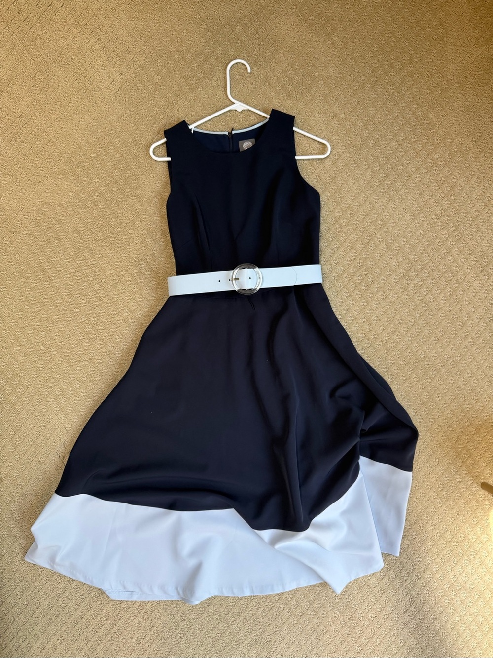 Vince Camuto navy blue Fit-and-Flare Dress with light blue Hem & Belt